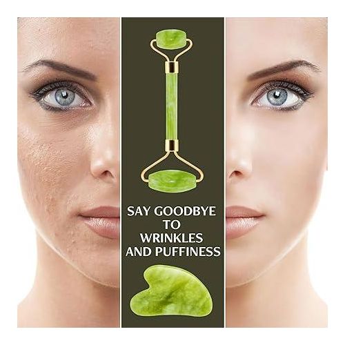Jade Roller & Gua Sha for Facial - Reduce Puffiness & Wrinkles, Improve Skin's Elasticity, and Eliminate Toxins!